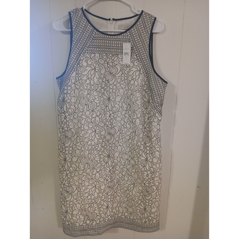 Ann Taylor LOFT Cream w Lace Overlay Classic Shift Sheath Dress SZ 12 NEW